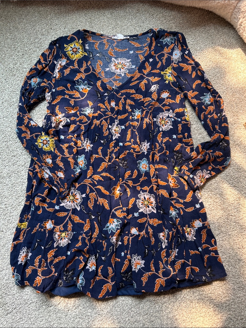 Navy Floral V-Neck Tiered Long Sleeve Dress
